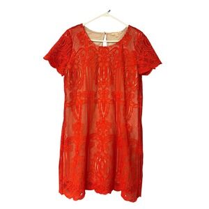 Skies Are Blue Lace Dress M/P‎ Womens Orange Short Sleeve Lined Party Cocktail